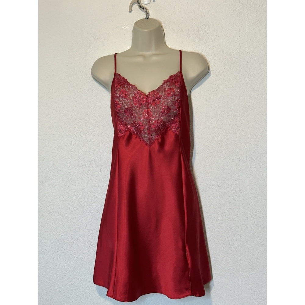 Vtg‎ Y2K 90s Victoria's Secret Red Satin Lace Chemise Slip Dress Size L Coquette